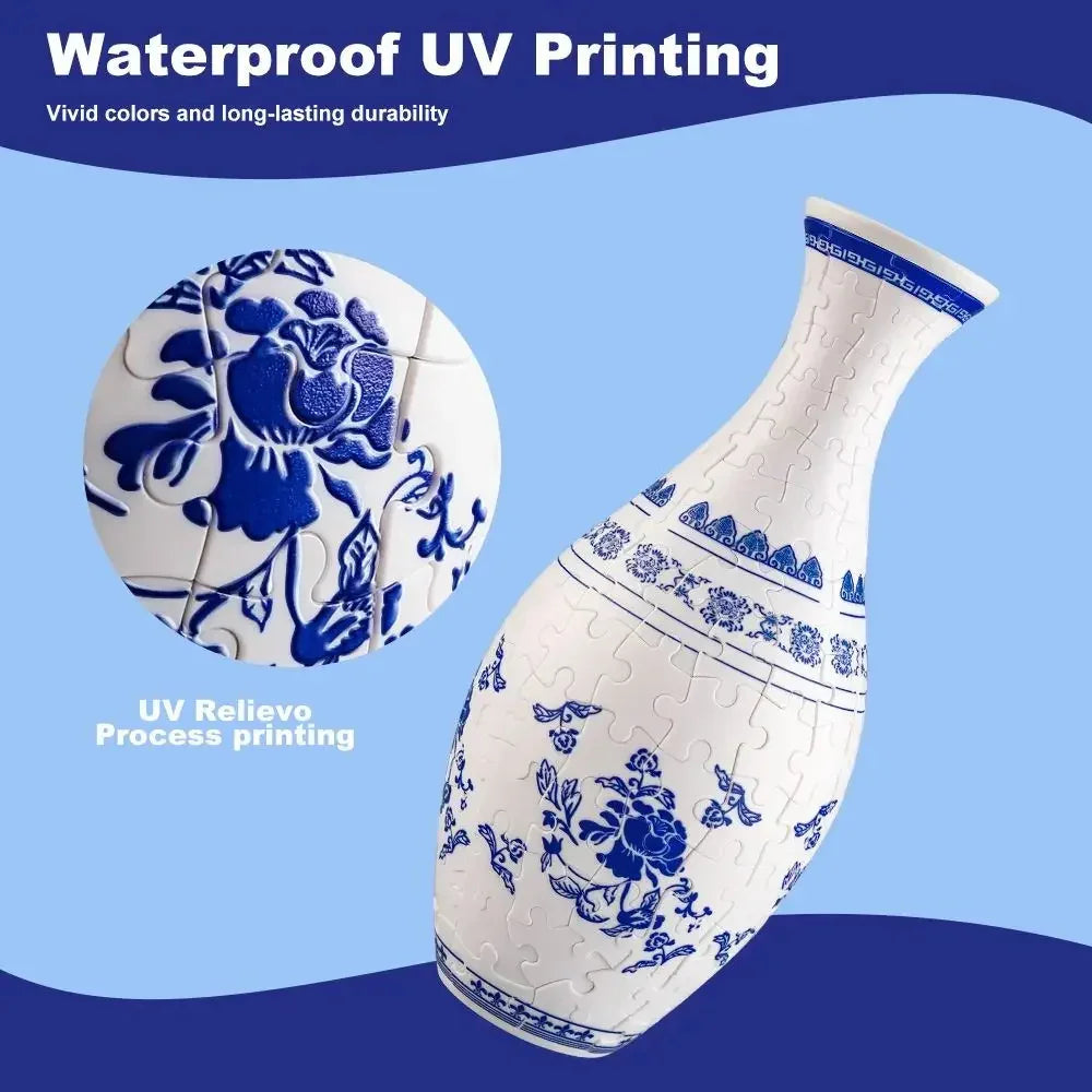 Blue and white ceramic-style puzzle vase with floral pattern and UV embossed texture.