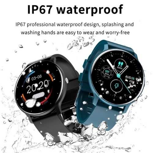 Lige Smartwatch with IP67 waterproof touchscreen and flexible silicone strap in black and blue colors