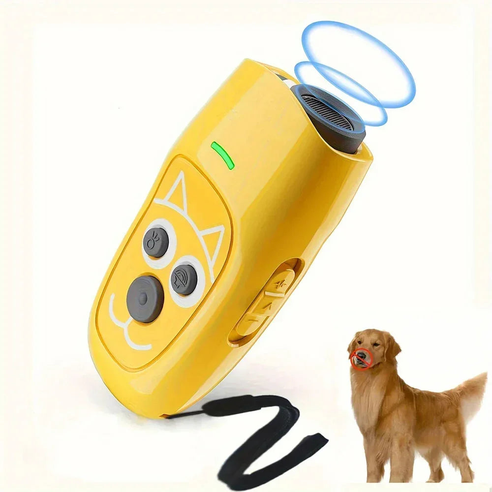 Yellow handheld ultrasonic dog training device with buttons, shown with a golden retriever.