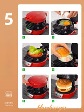 Step-by-step guide using a red electric breakfast sandwich maker to prepare a burger with egg, lettuce, cheese, and bun.