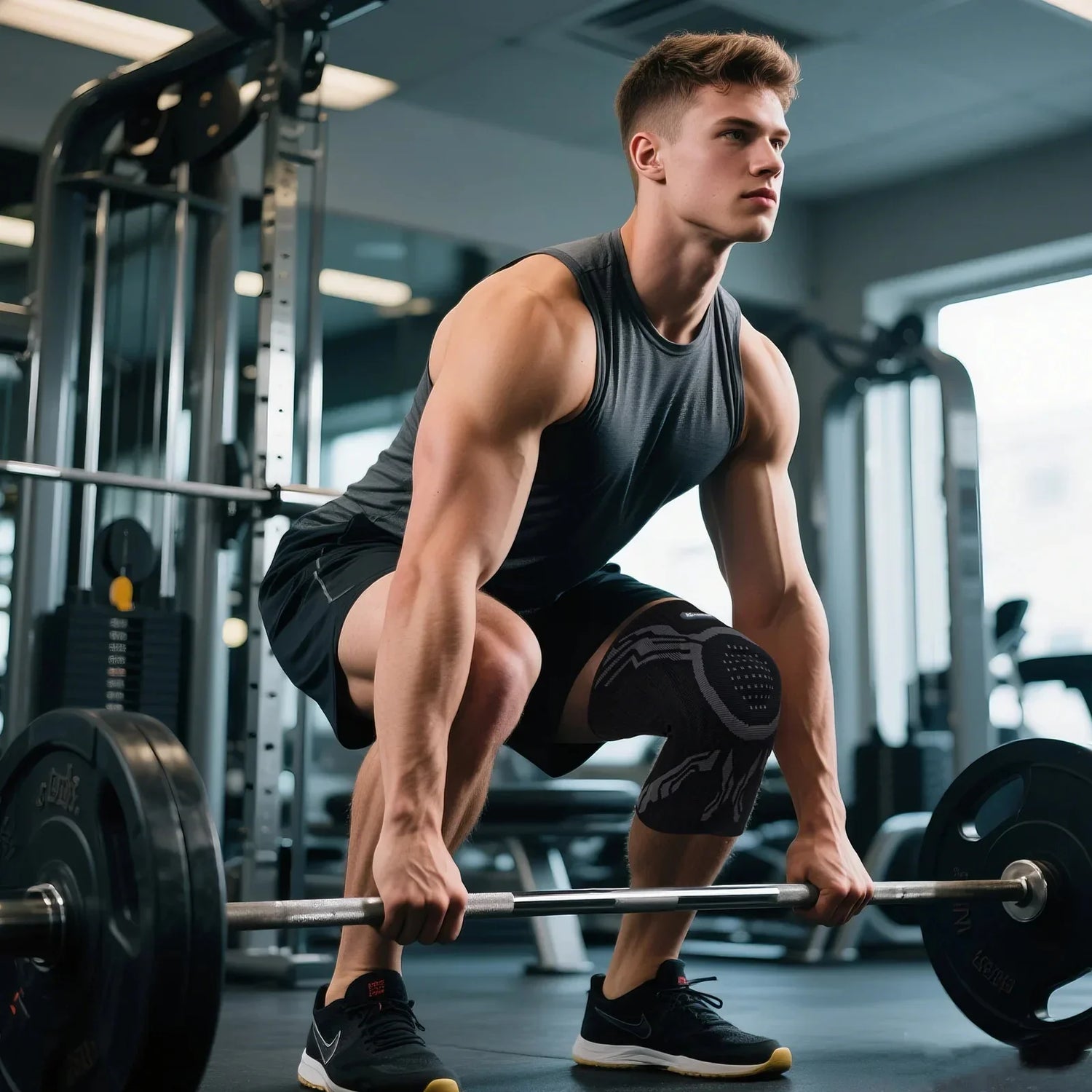 Man in black athletic tank top and shorts with knee sleeve lifting weights in gym