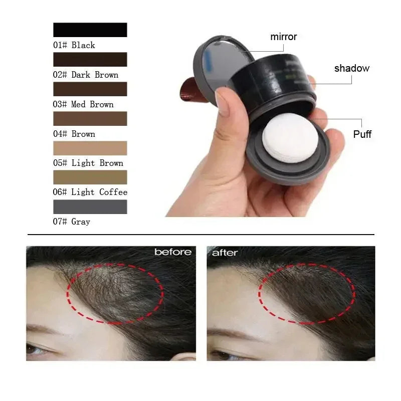 Hairline shading powder compact with shade options, puff applicator, and before-after hairline results.