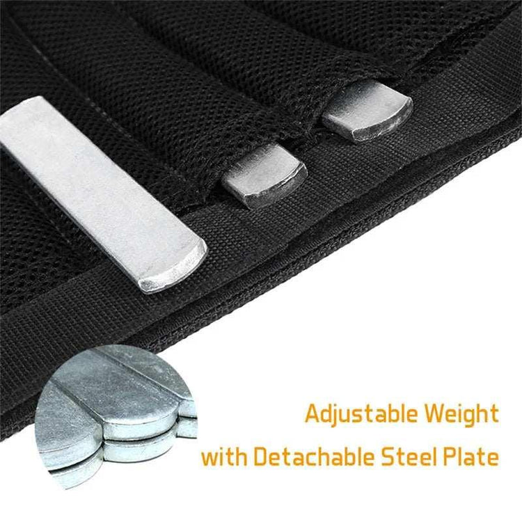Black mesh adjustable weighted vest with removable steel plates for fitness training