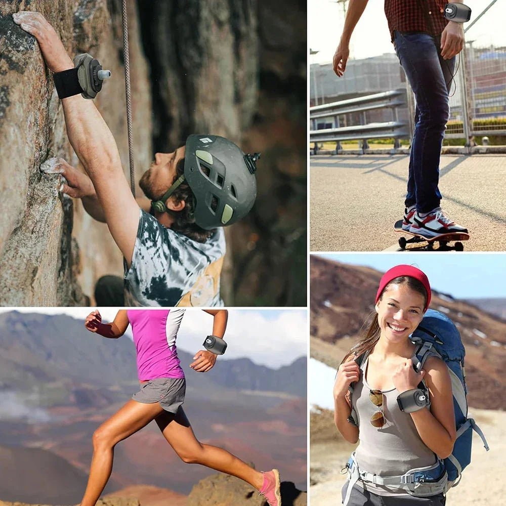 Active people wearing gray wristbands for outdoor sports like climbing, skateboarding, running, and hiking