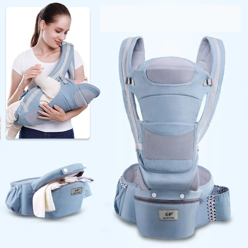 Light blue ergonomic baby carrier with padded straps and breathable mesh design