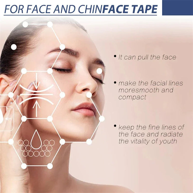 Woman applying clear face and chin lifting tape for smooth, defined facial lines.