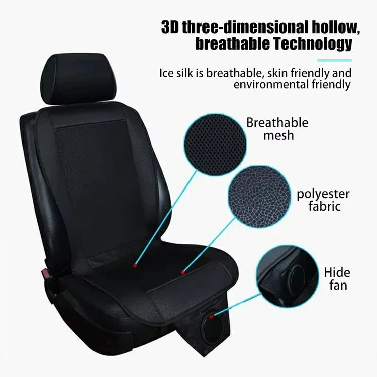 Black car seat cover with breathable mesh, polyester fabric, and hidden fan for ventilation.