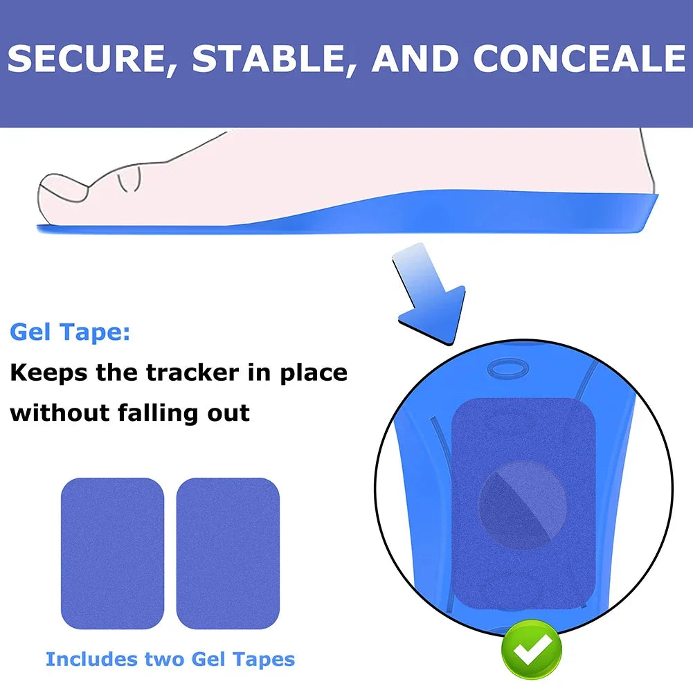 Blue gel tape securing a tracker under a foot, highlighting stability and concealment