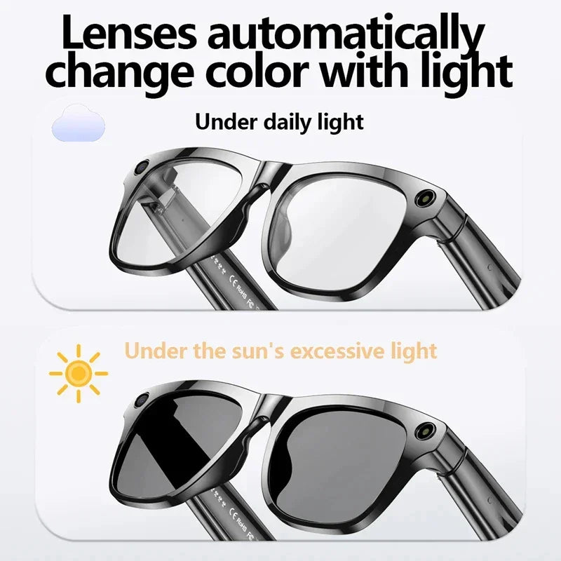 Photochromic smart glasses with rectangular frames, clear to dark lenses, sleek black design