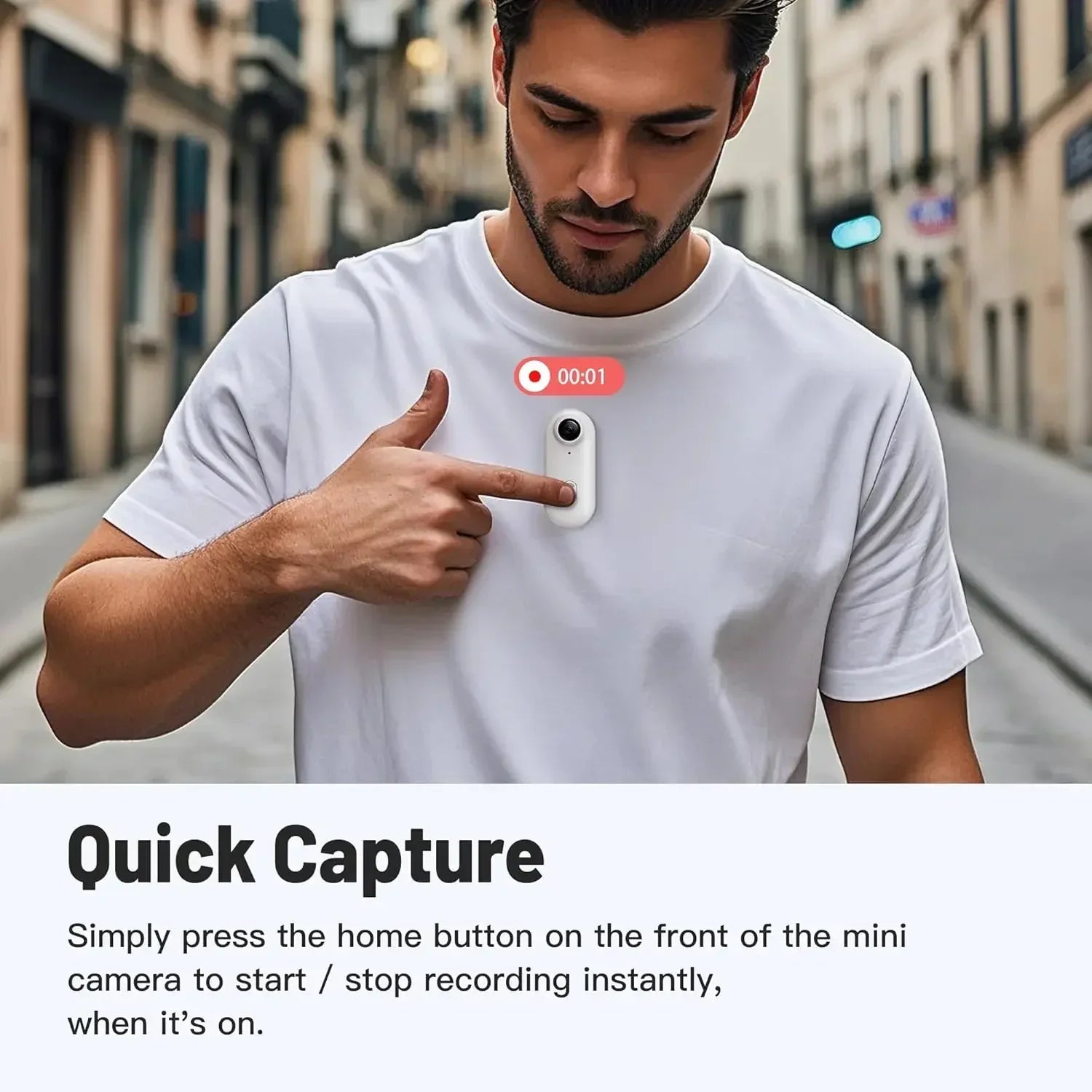 Man wearing a white cotton crew neck t-shirt with a relaxed fit, using a chest-mounted mini camera.