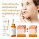 Anti-aging vitamin C serum in amber bottle with box, skin hydration and repair diagram, female model with clear skin