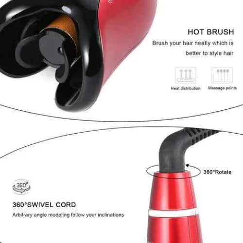 Red electric hot brush with rotating 360° swivel cord, ergonomic handle, and massage points