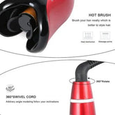Red electric hot brush with rotating 360° swivel cord, ergonomic handle, and massage points