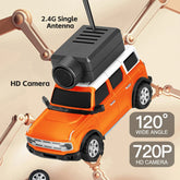 Orange and white toy SUV with roof-mounted 720P HD camera, 120-degree wide angle lens, and 2.4G antenna.