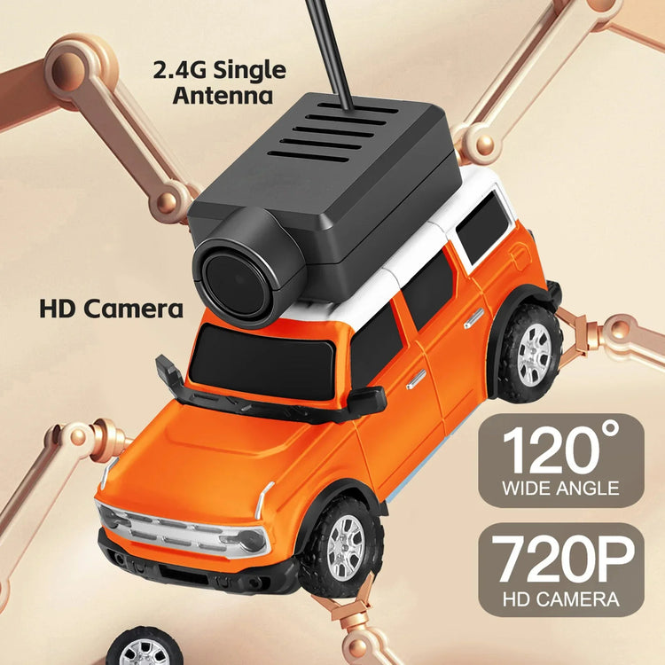 Orange and white toy SUV with roof-mounted 720P HD camera, 120-degree wide angle lens, and 2.4G antenna.