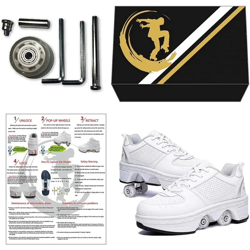 White leather sneakers with retractable wheels, tool kit, instructions, and branded box