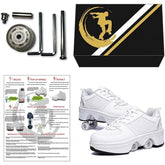White leather sneakers with retractable wheels, tool kit, instructions, and branded box