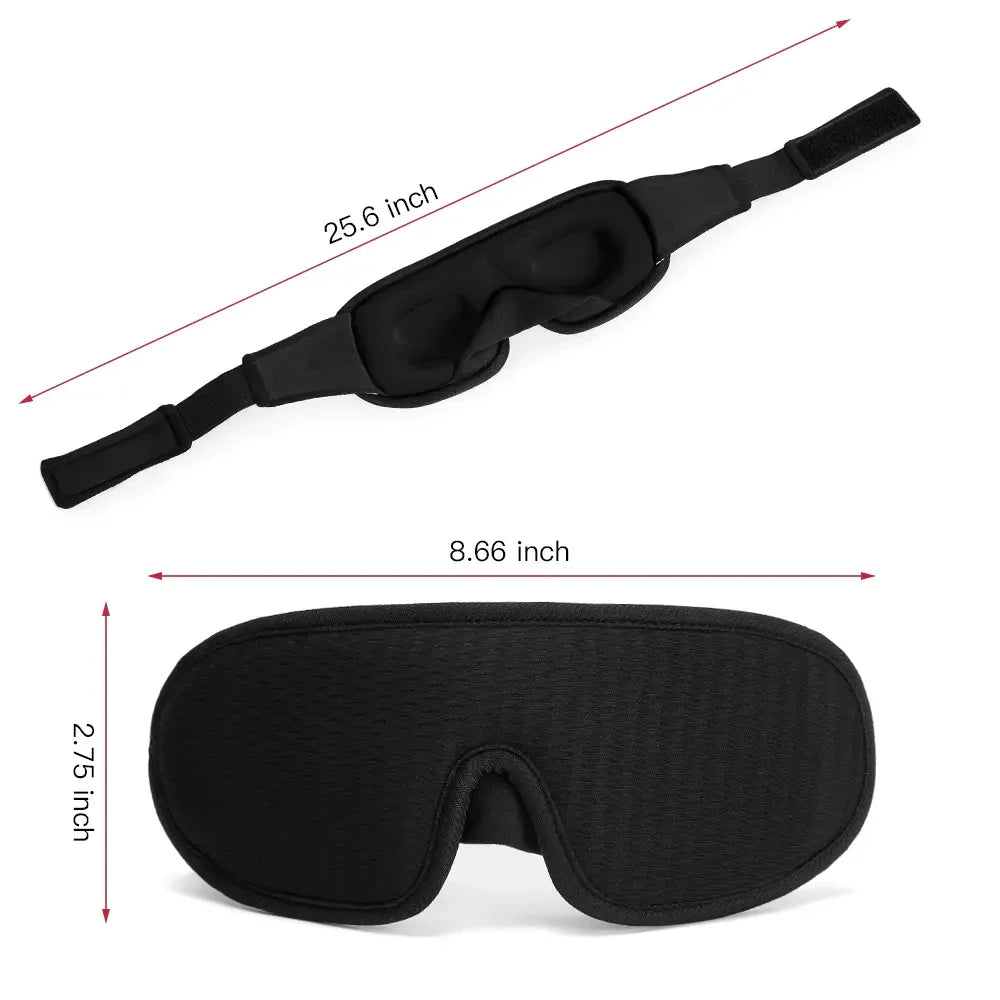 Black ergonomic sleep mask with adjustable strap, soft padded fabric, dimensions labeled.