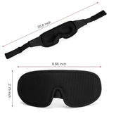 Black ergonomic sleep mask with adjustable strap, soft padded fabric, dimensions labeled.
