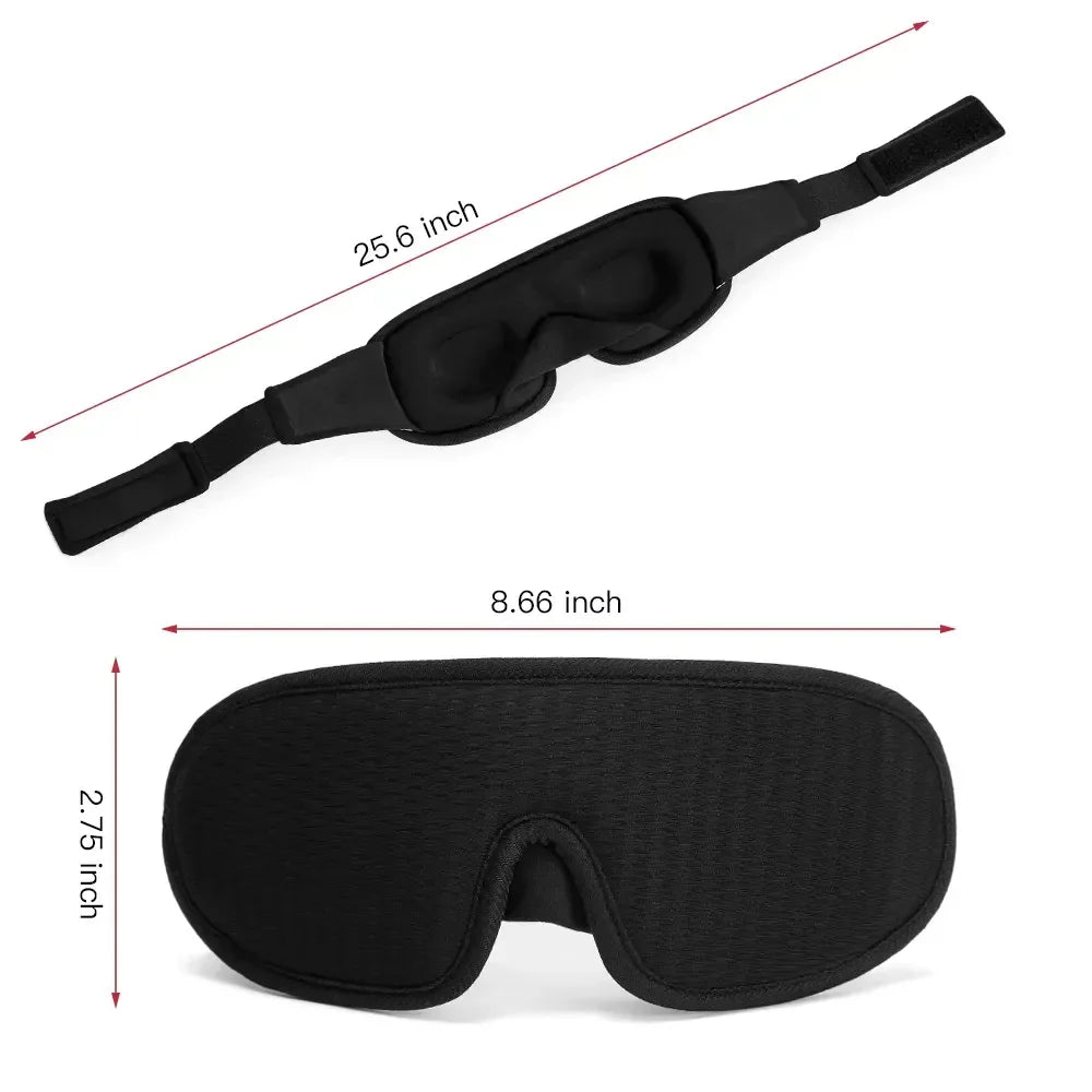 Black ergonomic sleep mask with adjustable strap, soft padded fabric, dimensions labeled.