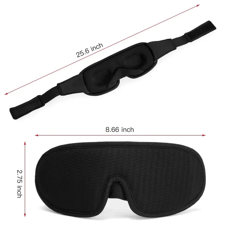 Black ergonomic sleep mask with adjustable strap, soft padded fabric, dimensions labeled.