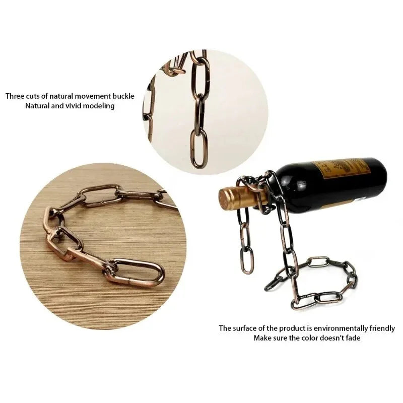 Metal chain wine bottle holder with bronze finish, unique floating display, modern decor.