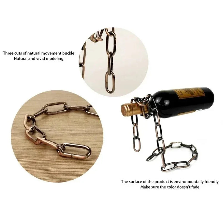 Metal chain wine bottle holder with bronze finish, unique floating display, modern decor.
