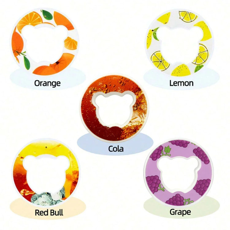 Round bear-shaped drink covers with orange, lemon, cola, grape, and energy drink designs