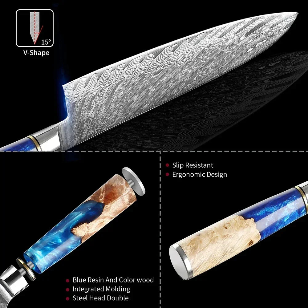 Damascus chef knife with blue resin and wood handle, ergonomic and slip-resistant design