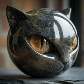 Polished black and gold marble cat head sculpture with reflective surface and detailed eyes