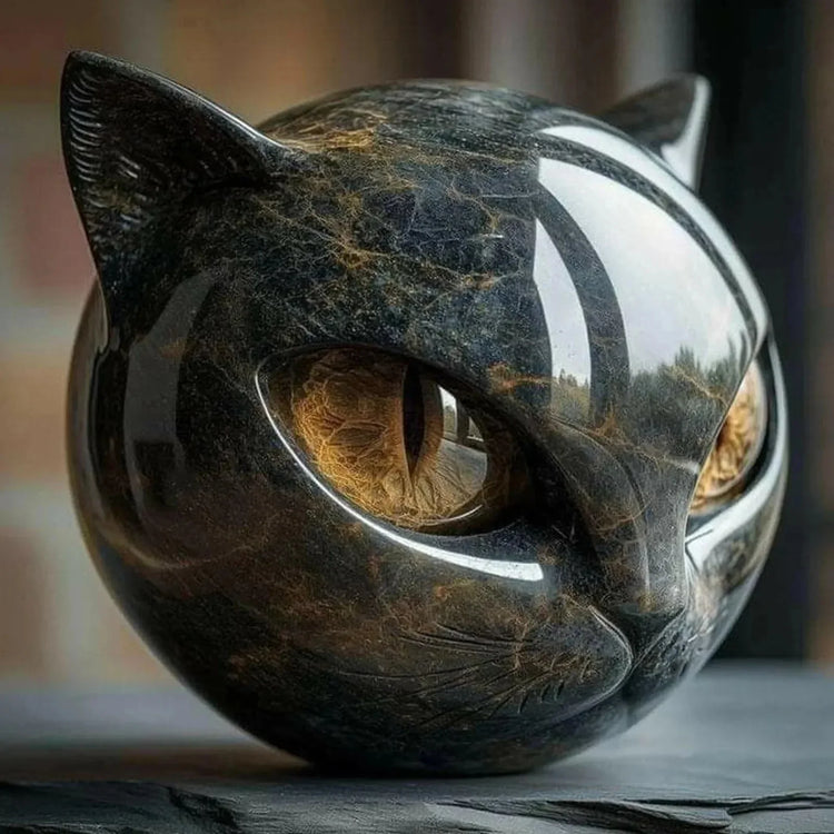 Polished black and gold marble cat head sculpture with reflective surface and detailed eyes