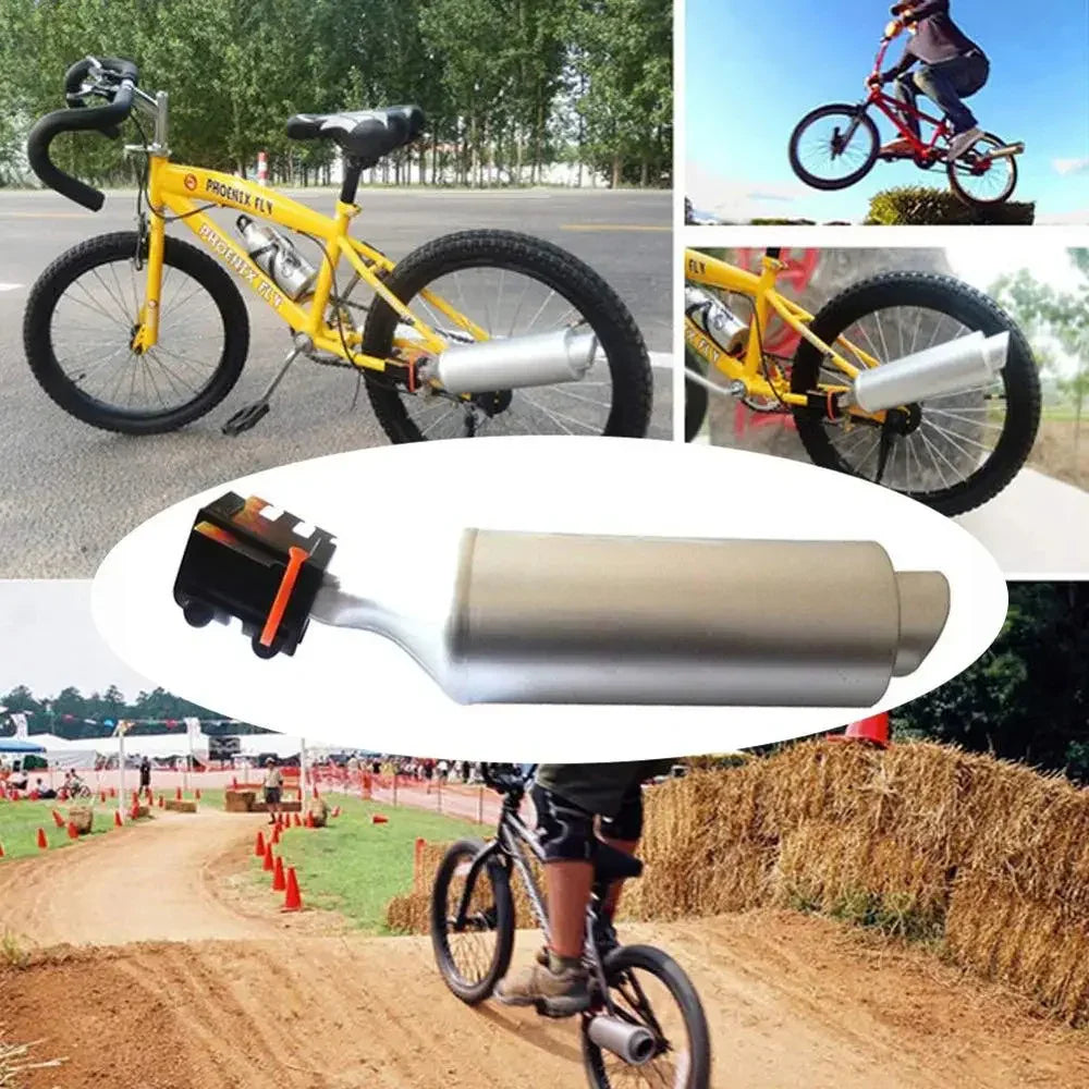 Yellow BMX bike with a silver plastic exhaust pipe attachment, outdoor action scenes