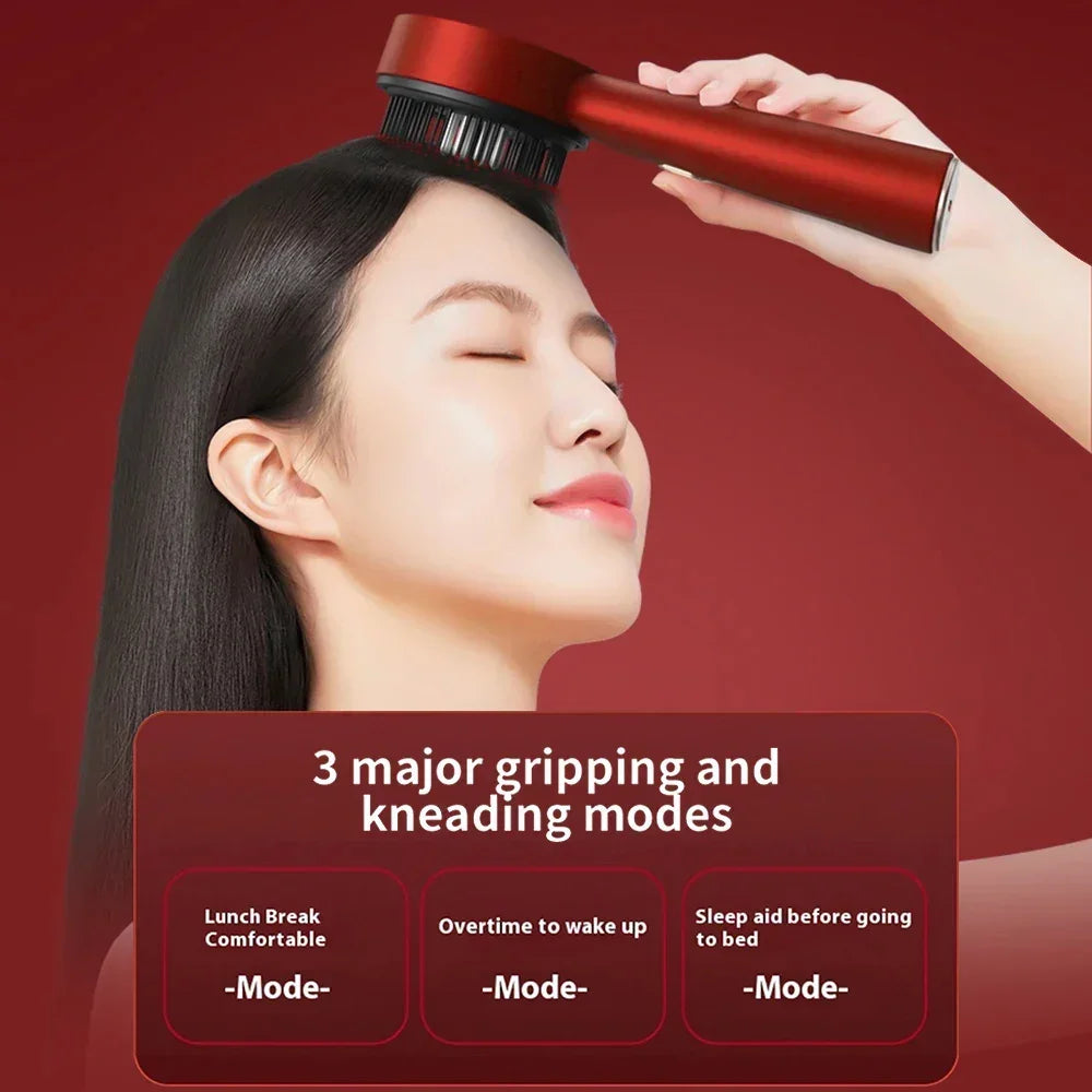 Woman using red handheld scalp massager on long straight hair against red background
