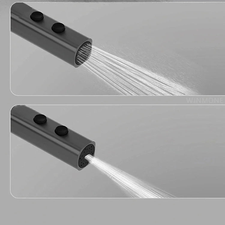 Adjustable gray metal shower head with two spray modes, fine mist and focused stream