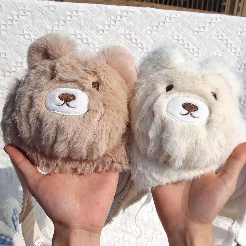 Plush bear ear muffs in brown and white, soft faux fur, cozy fit, cute animal design