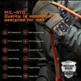 Man wearing rugged green jacket and tactical gloves holding orange rope, showcasing a durable, military-inspired smartwatch.