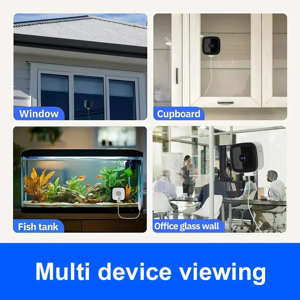 Security camera mounted on window, cupboard, fish tank, and office glass wall for multi-location surveillance.