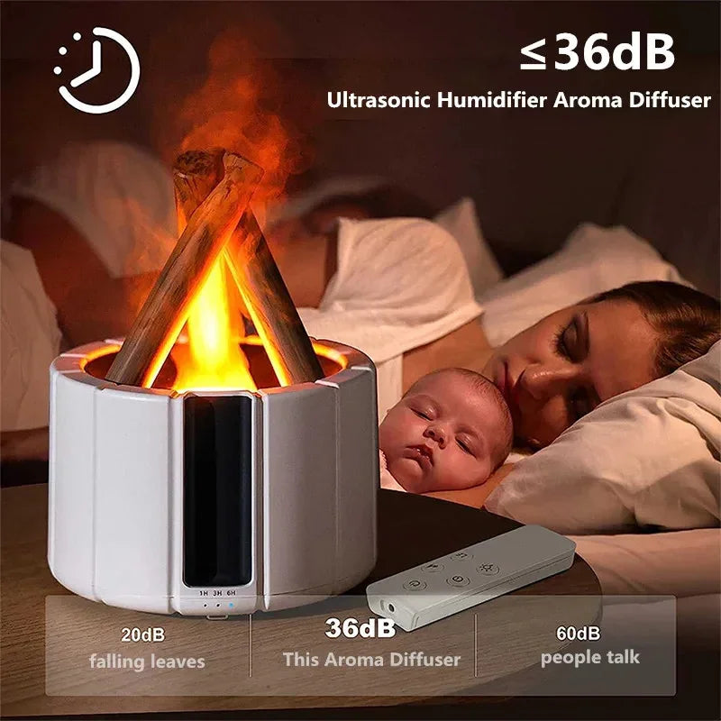 Modern ultrasonic aroma diffuser with faux flame, white housing, remote control on table
