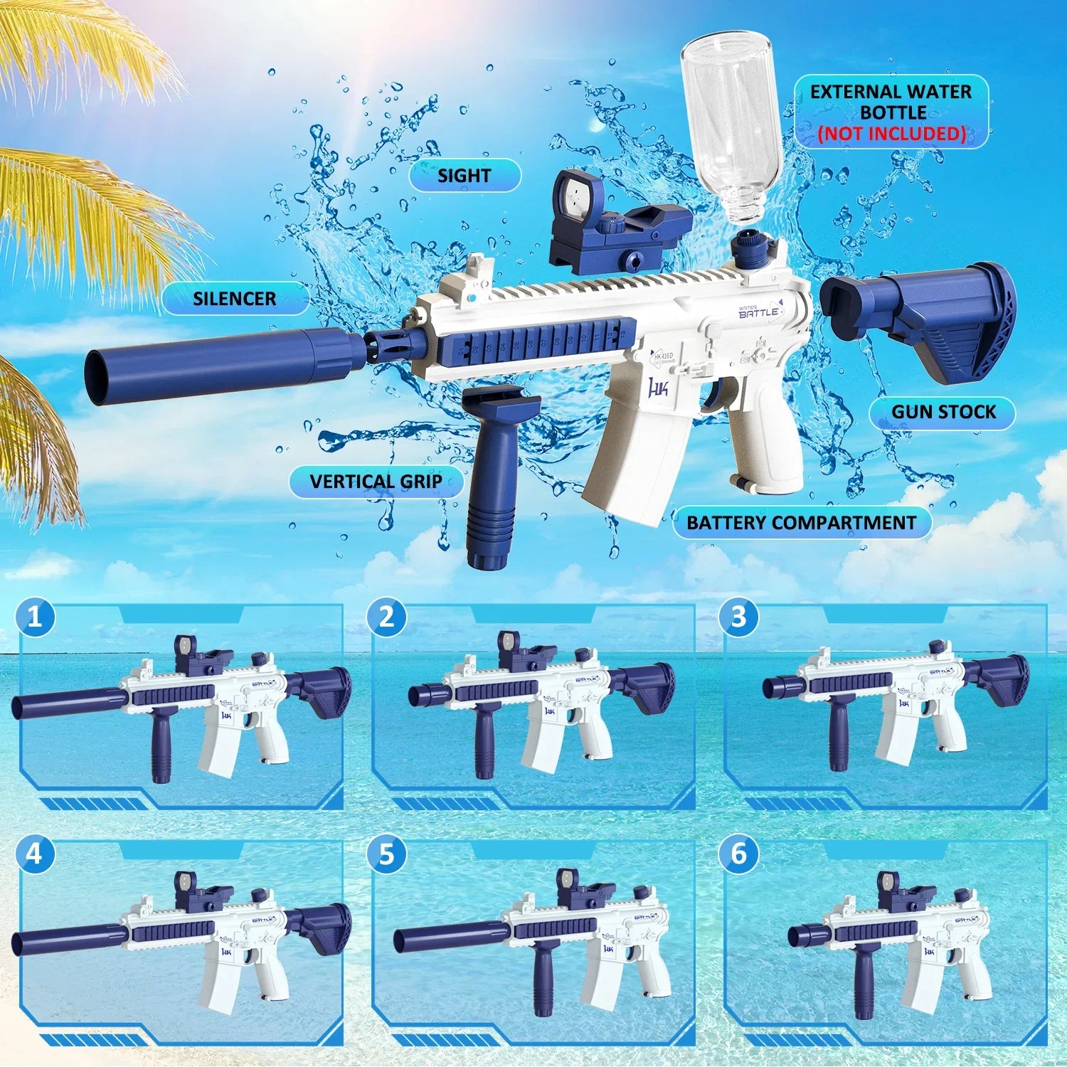 White and blue water gun with detachable silencer, sight, vertical grip, and adjustable stock, shown with labeled parts on a tropical beach background.
