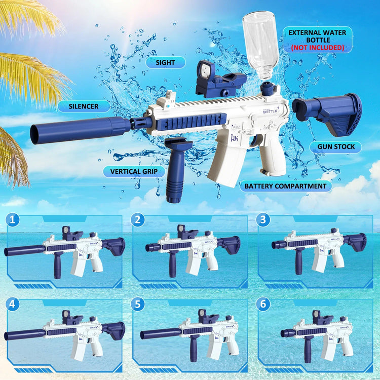 White and blue water gun with detachable silencer, sight, vertical grip, and adjustable stock, shown with labeled parts on a tropical beach background.