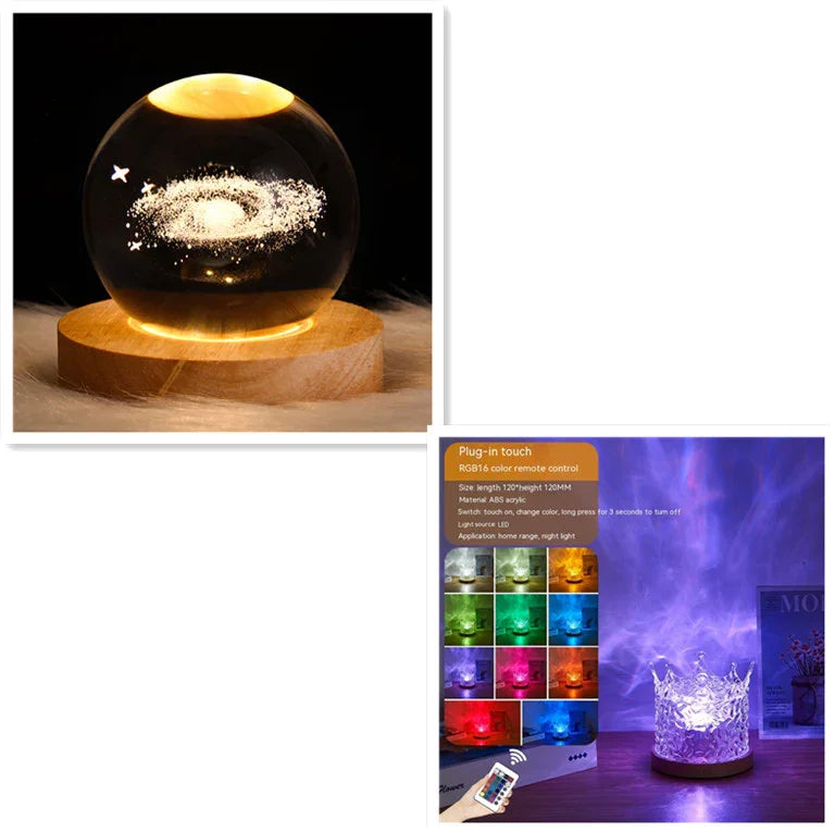 Crystal LED night lights with galaxy and crown designs on wooden bases, color-changing options