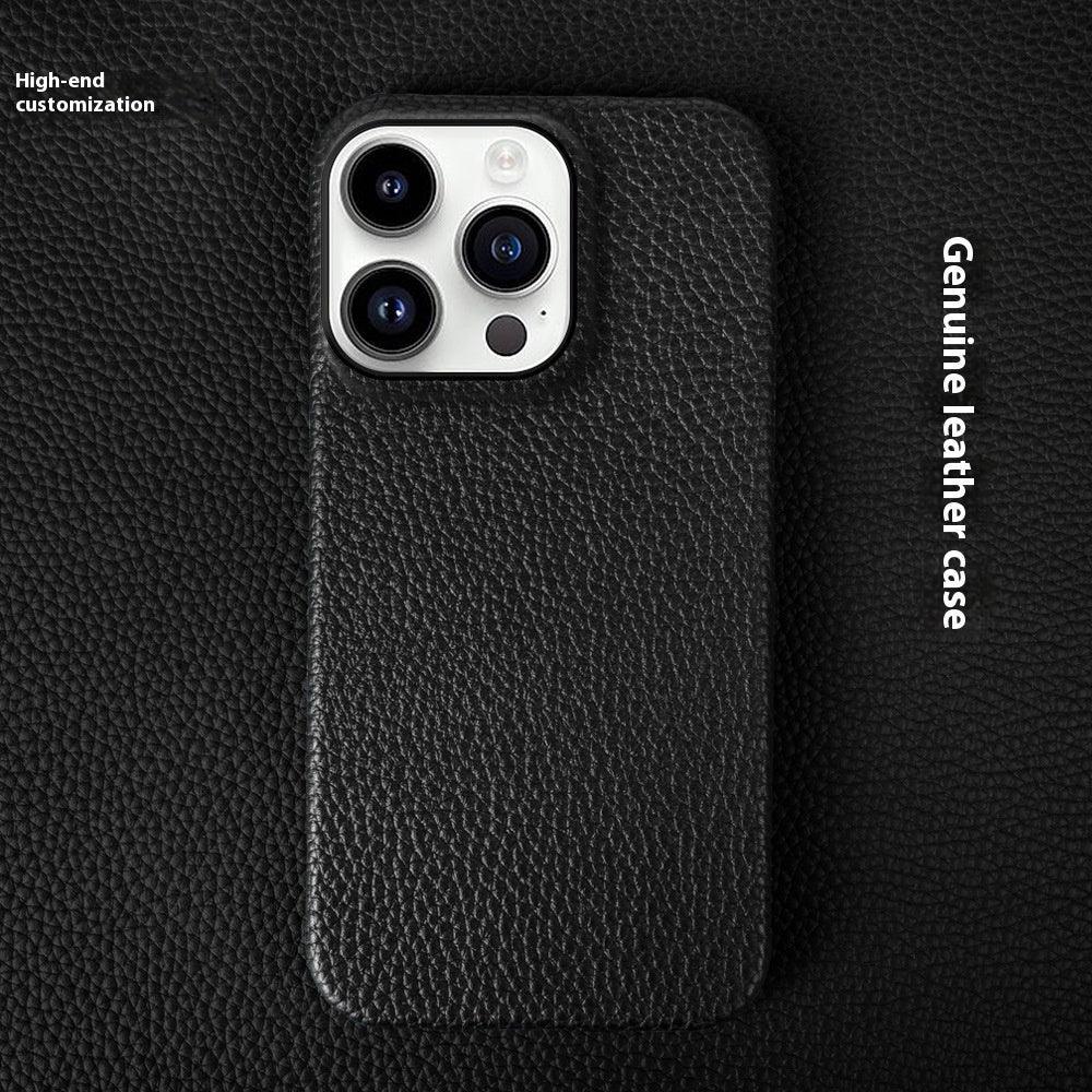 Black genuine leather phone case with textured finish and snug fit on smartphone