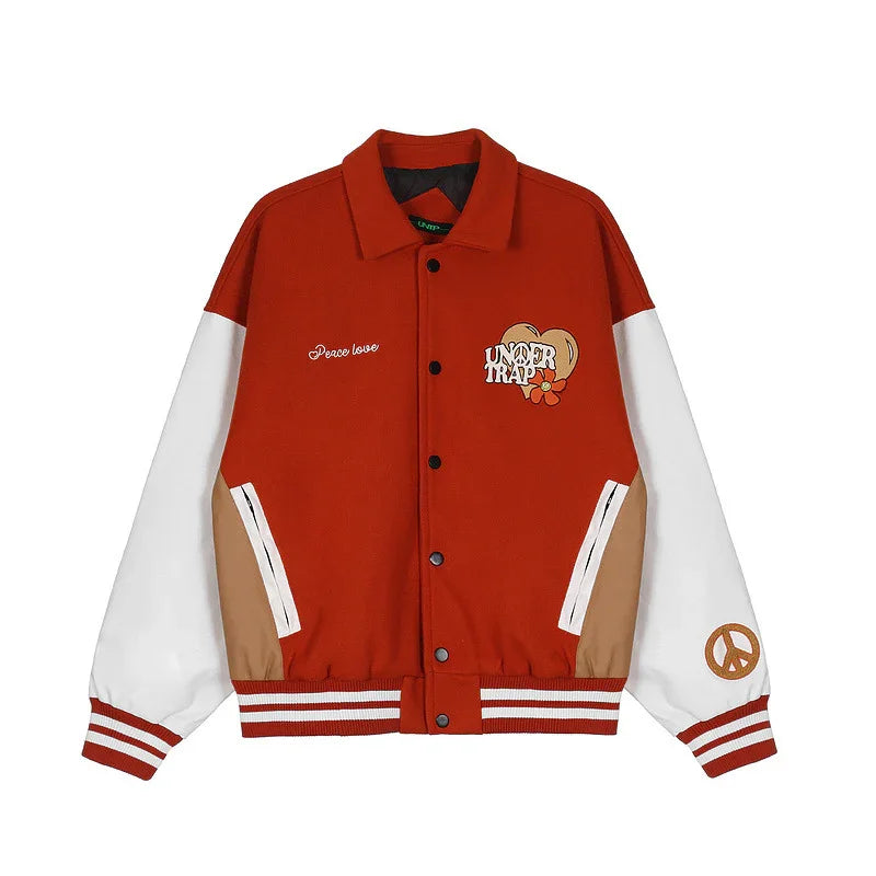 Red and white varsity jacket with peace and heart graphics, relaxed fit, streetwear style