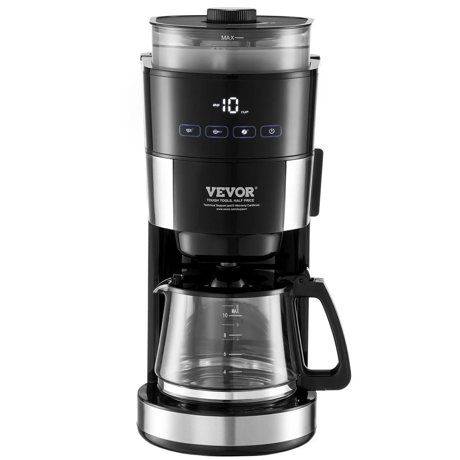 Sleek black and stainless steel drip coffee maker with digital display and glass carafe