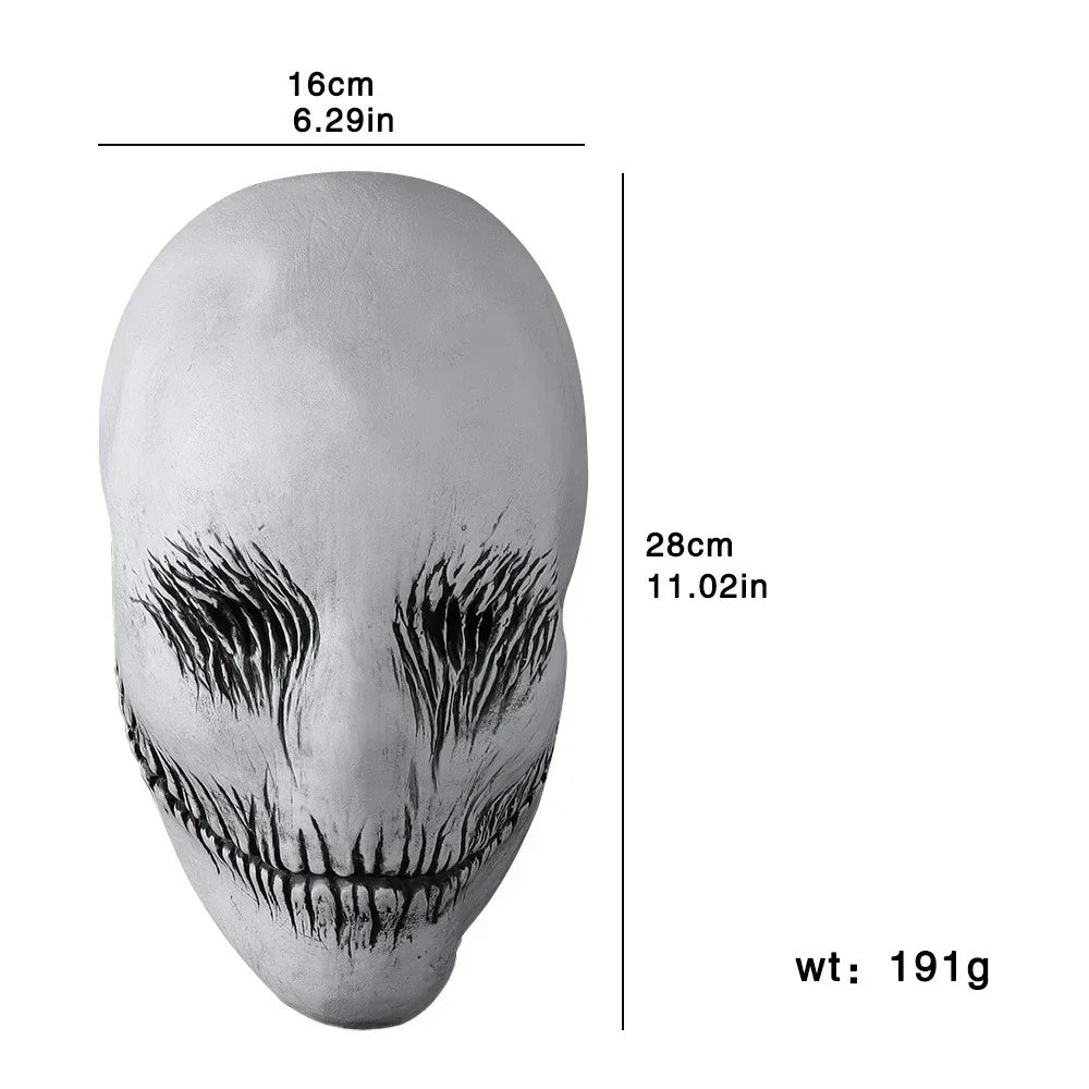 White horror mask with black eye and mouth details, latex material, full head fit, 28x16cm