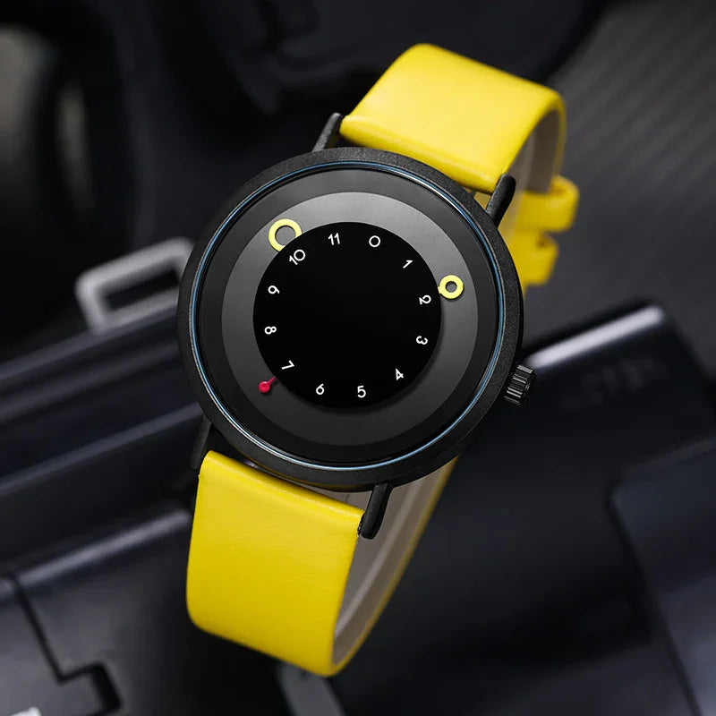 Modern black watch with unique dial and bold yellow leather strap, minimalist streetwear style
