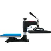 Automatic heat press machine with black and blue detailing, side view