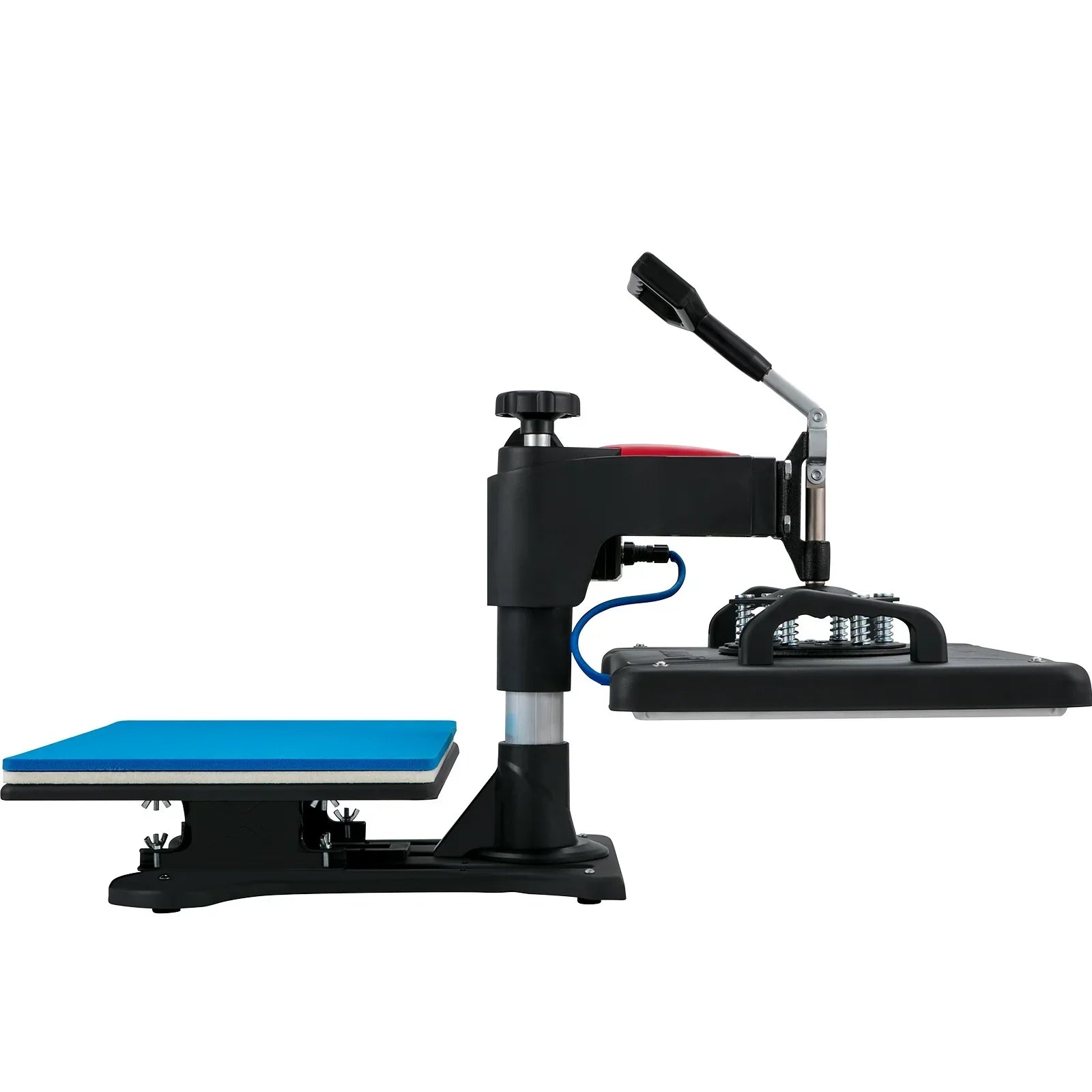 Automatic heat press machine with black and blue detailing, side view