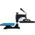 Automatic heat press machine with black and blue detailing, side view