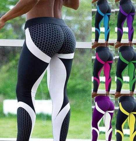 Women’s high-waisted, honeycomb textured leggings in multiple bold colors, tight fit.